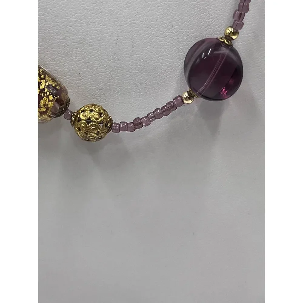Purple Gold Foil Leaf Beaded Murano Vintage Glass Bead Embossed Brass Necklace‎